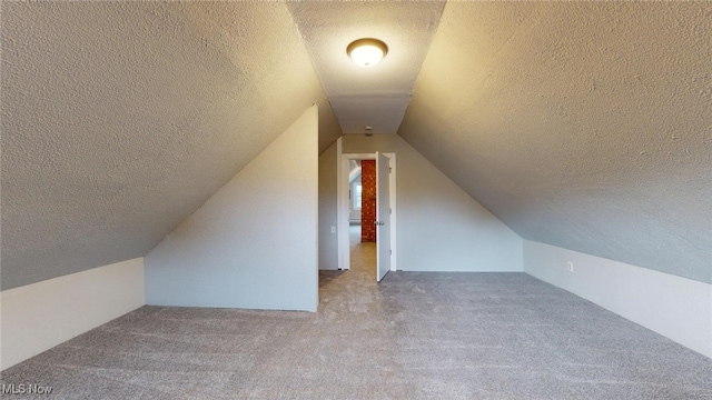 additional living space featuring lofted ceiling, carpet, and a textured ceiling