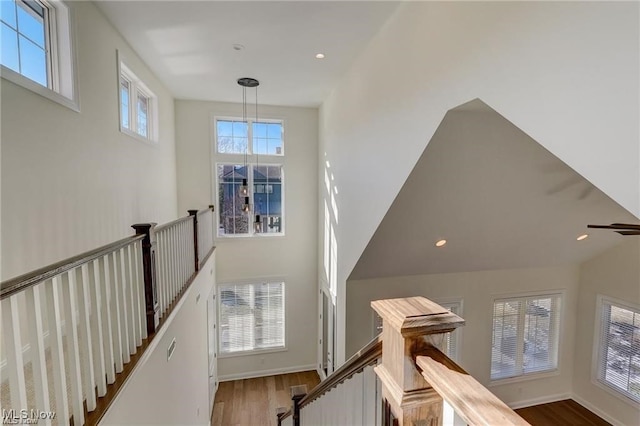 staircase with hardwood / wood-style floors