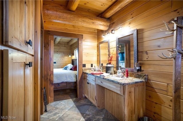 bathroom with vanity, wood walls, beamed ceiling, and wood ceiling