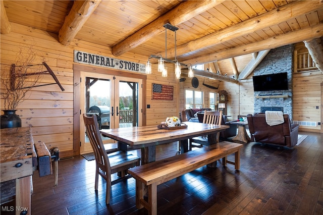 dining space featuring wood walls, dark hardwood / wood-style flooring, and wooden ceiling