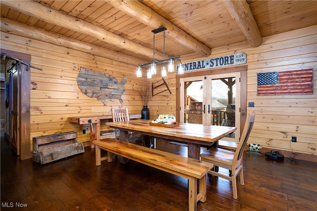 dining area with beam ceiling, wood walls, wooden ceiling, and wood-type flooring