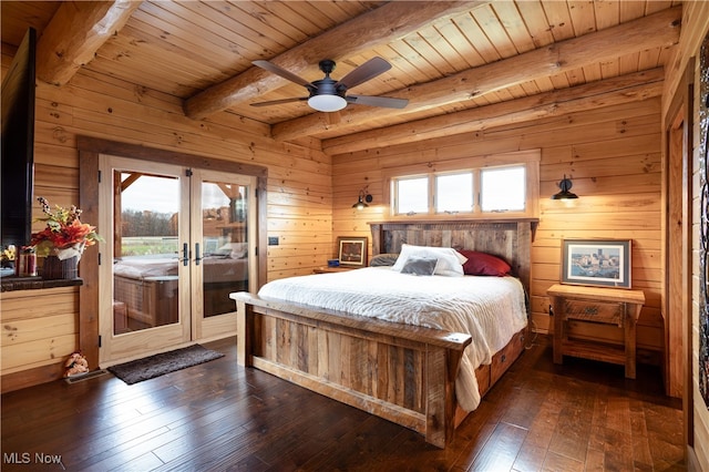 bedroom featuring beam ceiling, multiple windows, dark hardwood / wood-style flooring, and wooden ceiling