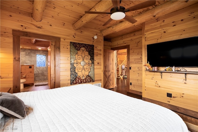 bedroom featuring beamed ceiling, dark hardwood / wood-style flooring, wooden ceiling, and wooden walls