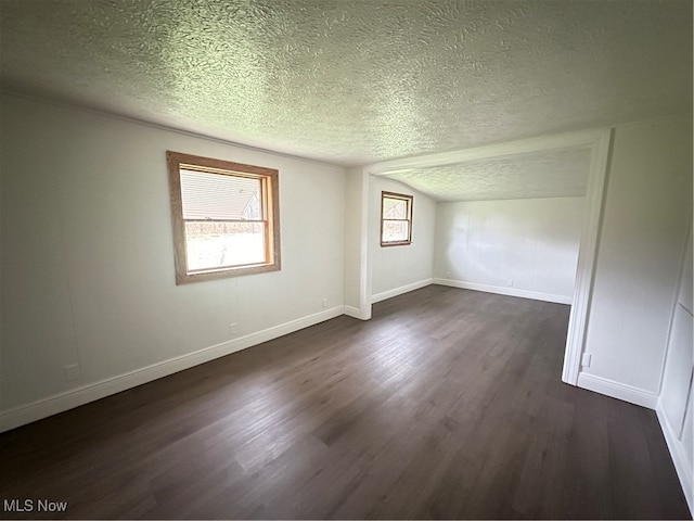 empty room featuring dark hardwood / wood-style floors, a healthy amount of sunlight, a textured ceiling, and vaulted ceiling