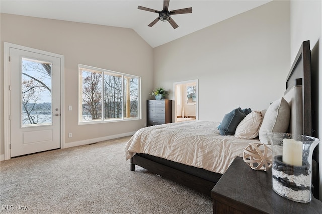 carpeted bedroom featuring ceiling fan, high vaulted ceiling, and multiple windows