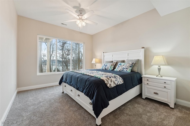 carpeted bedroom featuring ceiling fan