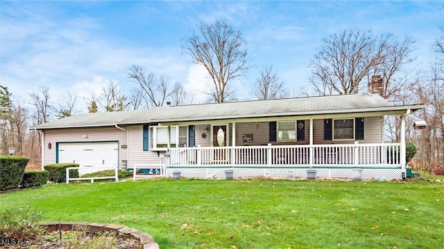 ranch-style home with a porch, a garage, and a front yard