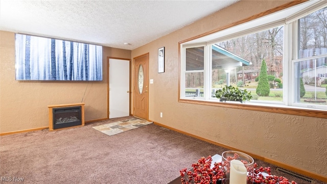 interior space with carpet floors and a textured ceiling