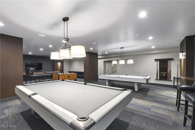 recreation room with dark carpet and pool table