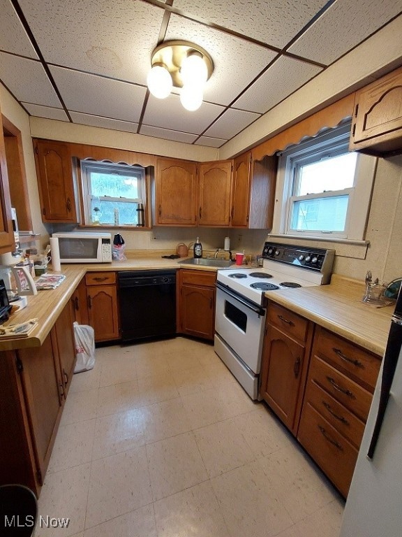 kitchen with a paneled ceiling, a healthy amount of sunlight, and white appliances