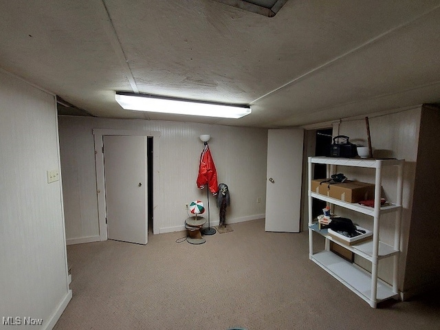 basement featuring light carpet