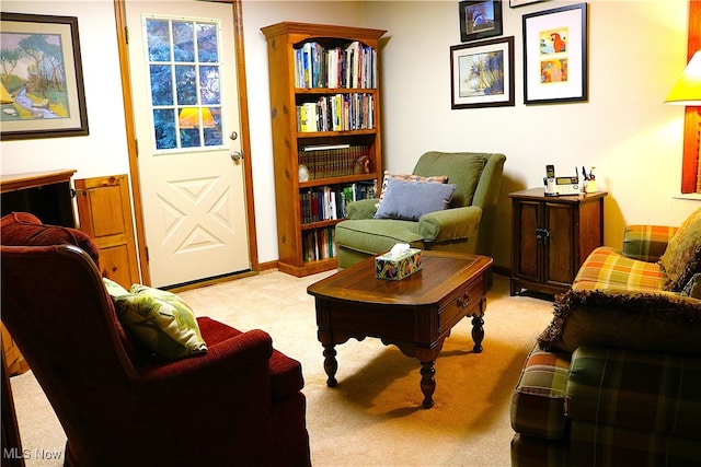 living area with light colored carpet