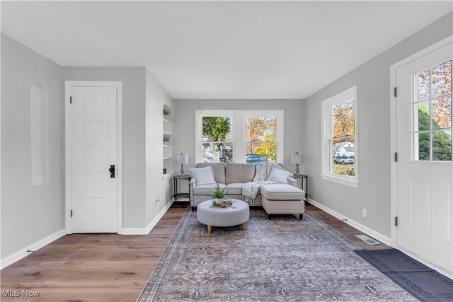 living room featuring dark wood-type flooring and a healthy amount of sunlight