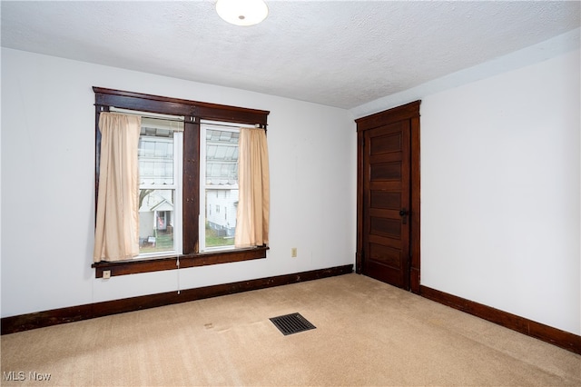 spare room with light colored carpet and a textured ceiling