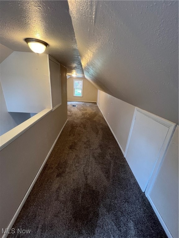 bonus room with carpet, a textured ceiling, and lofted ceiling