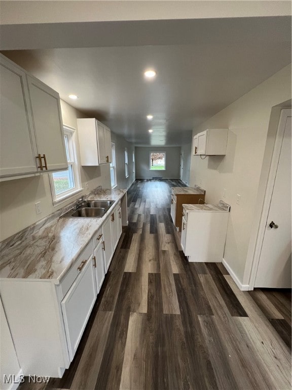 kitchen with dark hardwood / wood-style flooring, white cabinetry, a wealth of natural light, and sink