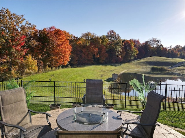 view of patio / terrace featuring a water view