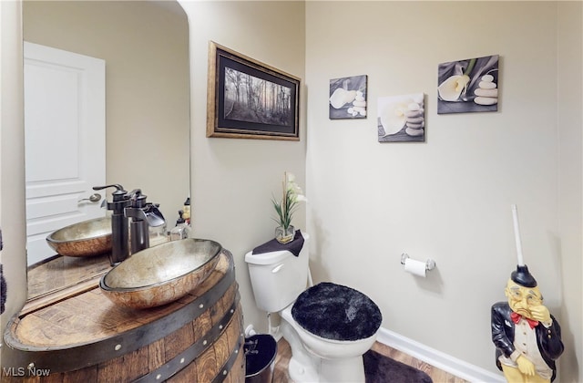 bathroom featuring vanity, hardwood / wood-style flooring, and toilet