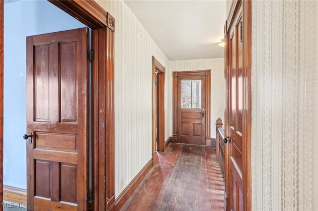 hallway with dark hardwood / wood-style flooring