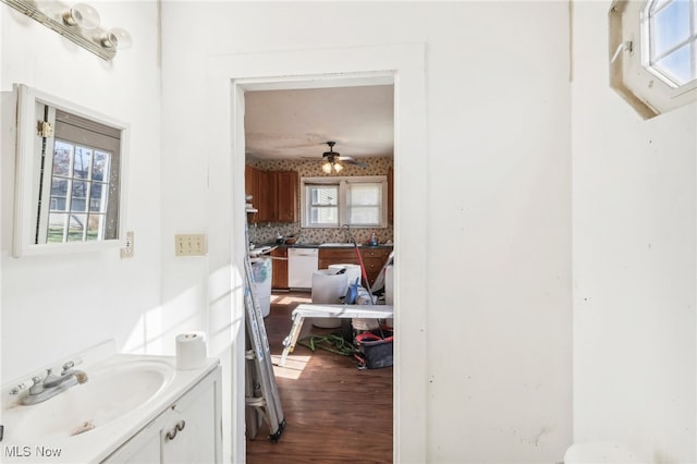 bathroom featuring vanity, a healthy amount of sunlight, wood-type flooring, and tasteful backsplash