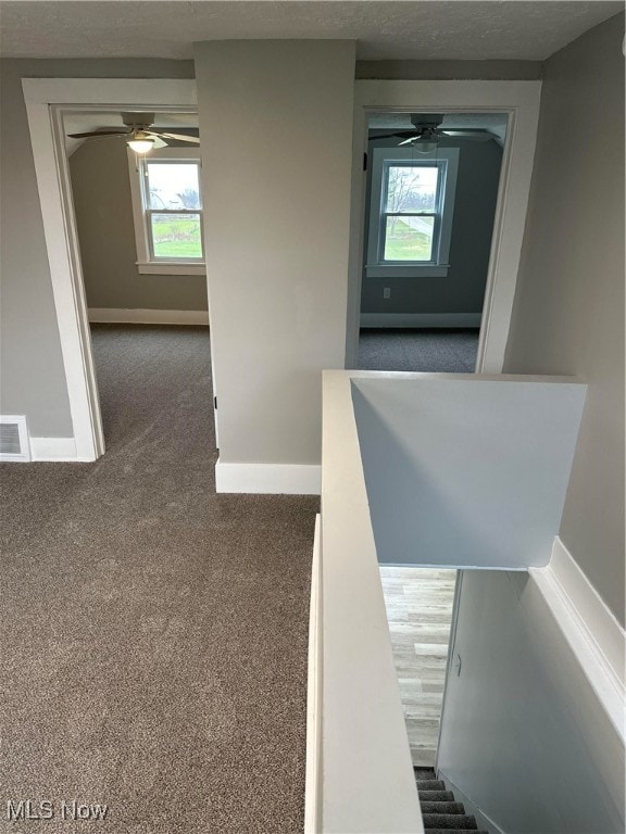 stairway with carpet flooring, ceiling fan, and a textured ceiling