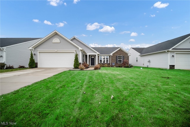 ranch-style house with a garage and a front lawn