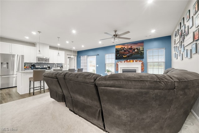 living room with ceiling fan and light hardwood / wood-style flooring