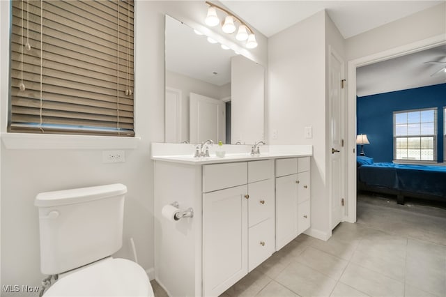 bathroom with ceiling fan, tile patterned flooring, vanity, and toilet