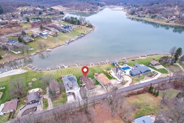 drone / aerial view featuring a water view