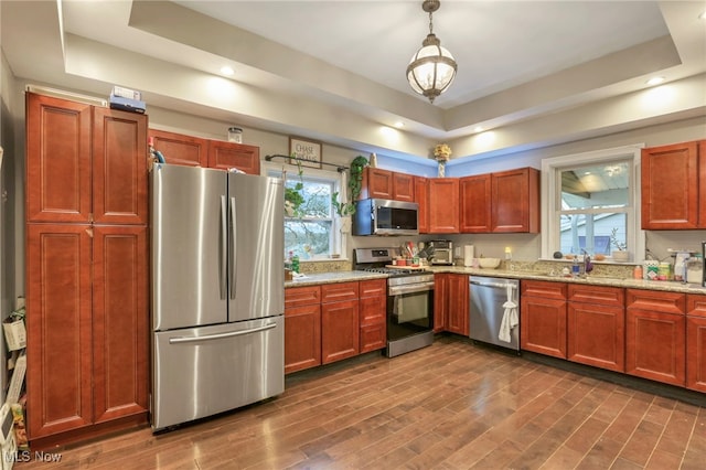 kitchen featuring stainless steel appliances, a raised ceiling, dark hardwood / wood-style floors, and light stone counters