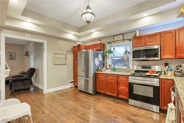 kitchen with light stone countertops, hanging light fixtures, a raised ceiling, light hardwood / wood-style floors, and appliances with stainless steel finishes