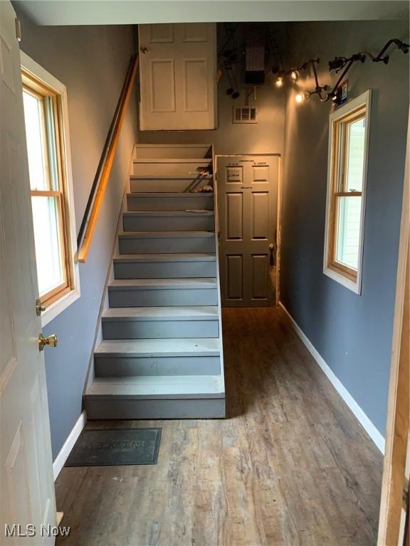 stairway with hardwood / wood-style floors