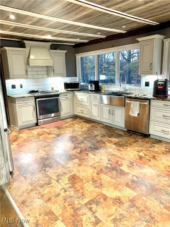 kitchen with custom exhaust hood, wood ceiling, backsplash, appliances with stainless steel finishes, and sink