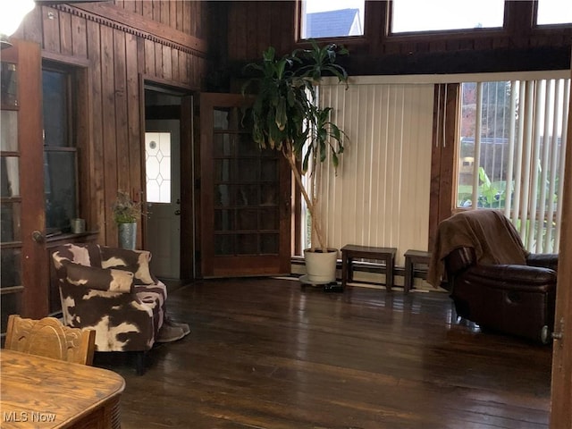 interior space featuring dark hardwood / wood-style flooring and wood walls