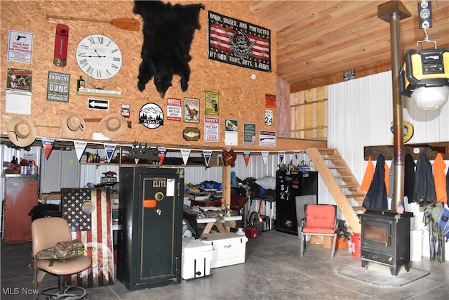 garage with a wood stove