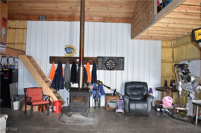 interior space with a wood stove