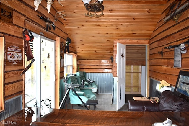 interior space featuring wood ceiling and vaulted ceiling