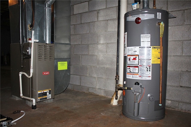 utility room with gas water heater and heating unit