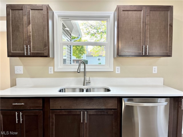 kitchen featuring dishwasher, dark brown cabinets, and sink