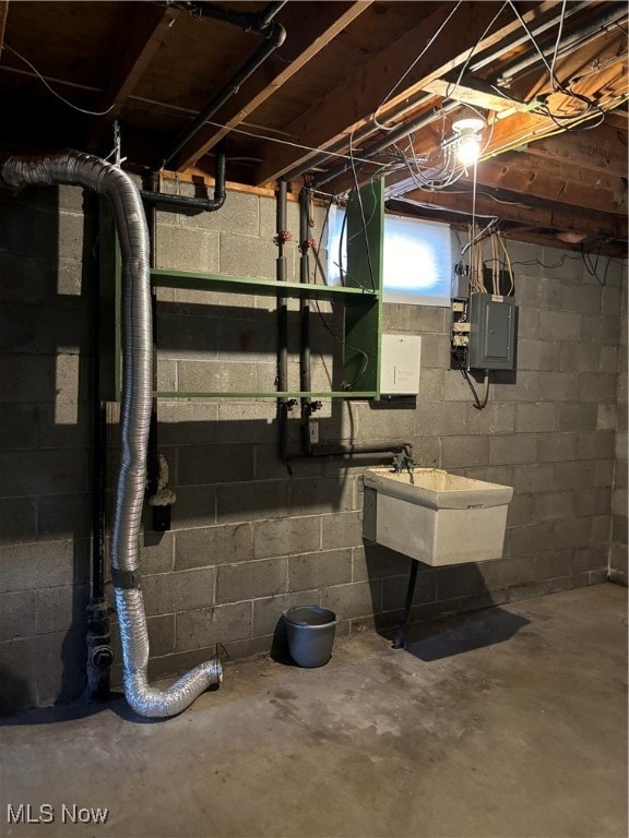 basement with electric panel and sink