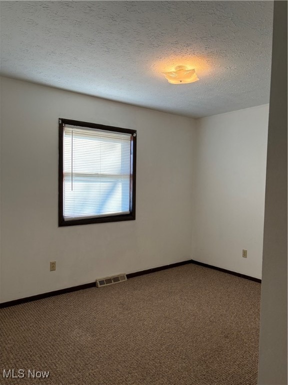 unfurnished room with carpet and a textured ceiling