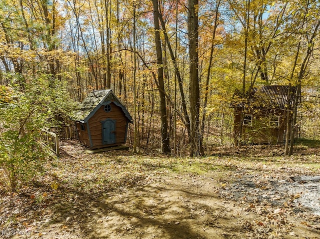 view of yard featuring a storage shed