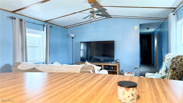 living room with ceiling fan and vaulted ceiling