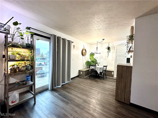 dining room with dark hardwood / wood-style floors and a textured ceiling