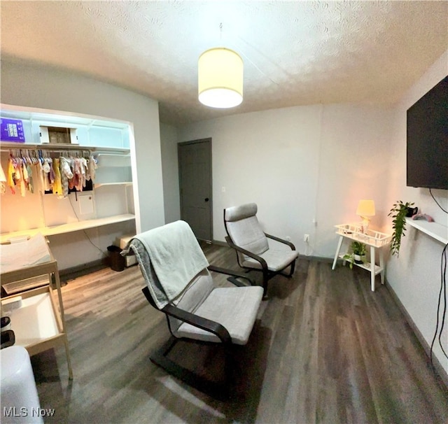 living area featuring a textured ceiling and dark wood-type flooring