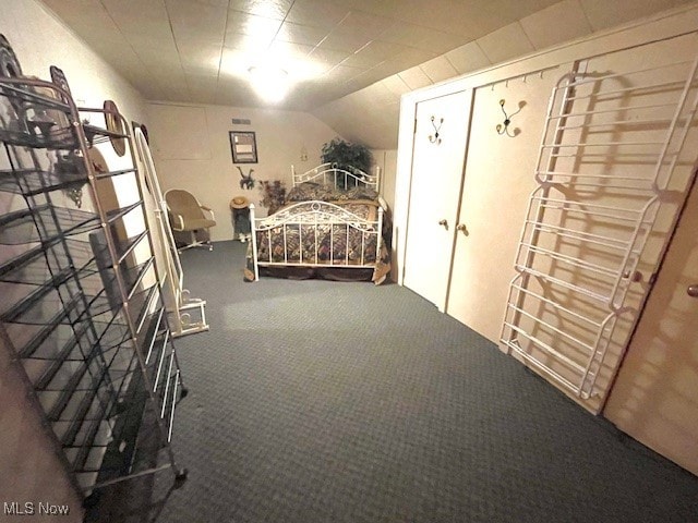 unfurnished bedroom with carpet floors and vaulted ceiling