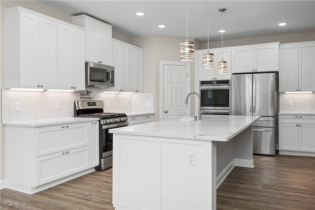 kitchen with hardwood / wood-style floors, sink, stainless steel appliances, and an island with sink