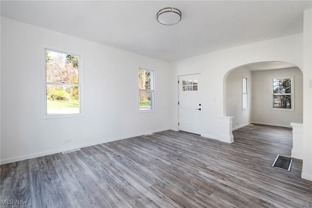 empty room featuring a wealth of natural light and dark hardwood / wood-style floors