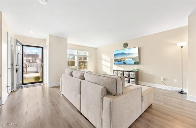 living room with plenty of natural light and light hardwood / wood-style flooring