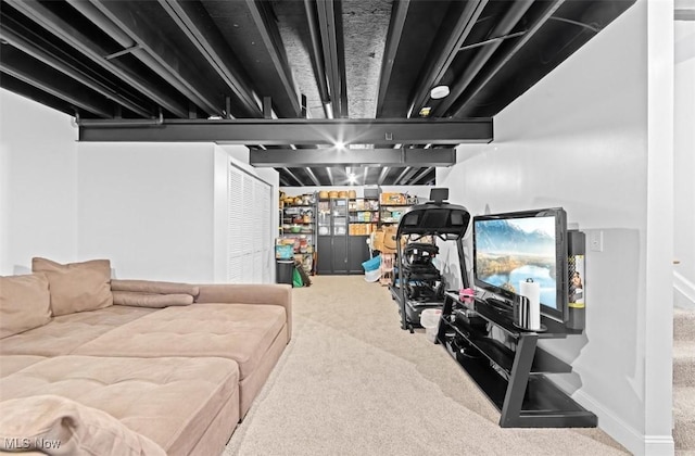 basement with carpet flooring